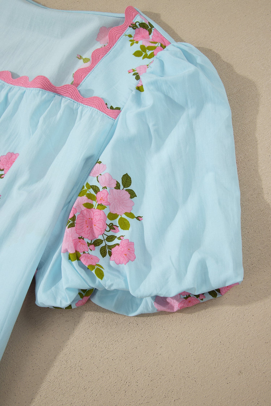 Sky Blue Floral Printed Contrast Ricrac Detail Bubble Sleeve Blouse