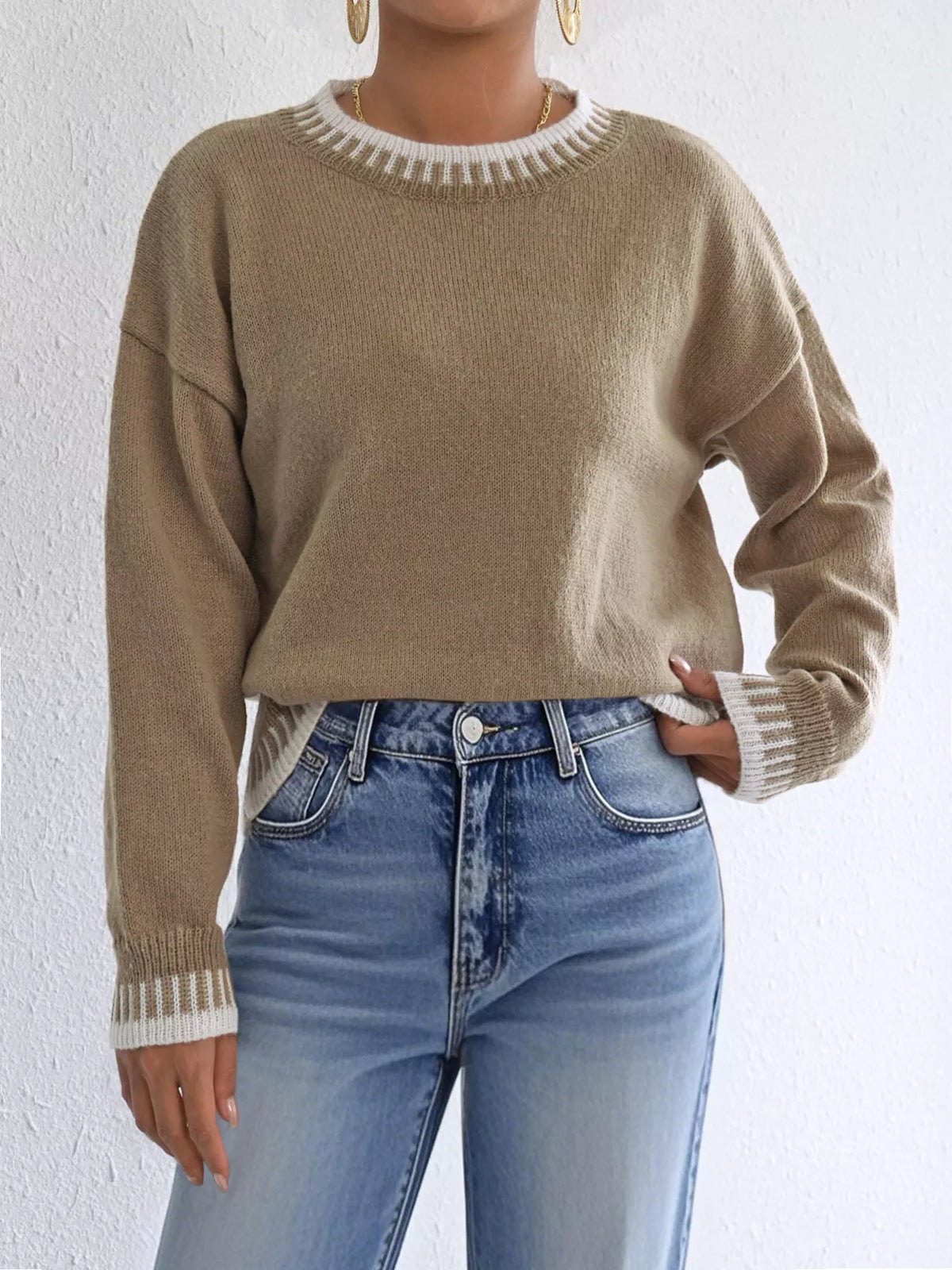 Contrast Trim Crew Neck Drop Shoulder Sweater