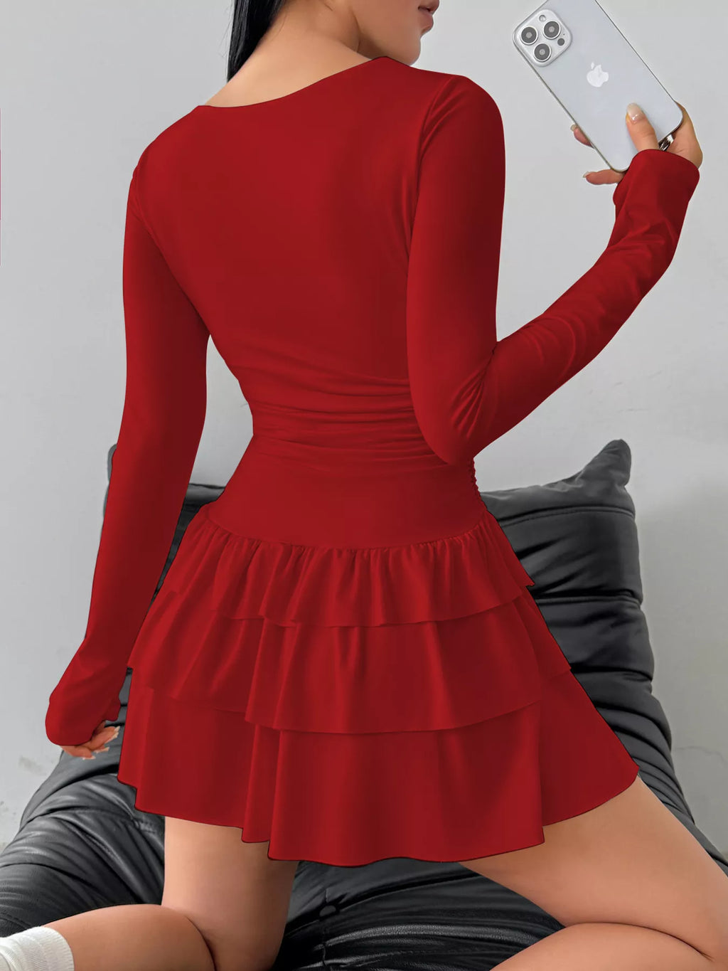 Ruched Long Sleeve Layered Ruffle Mini Dress