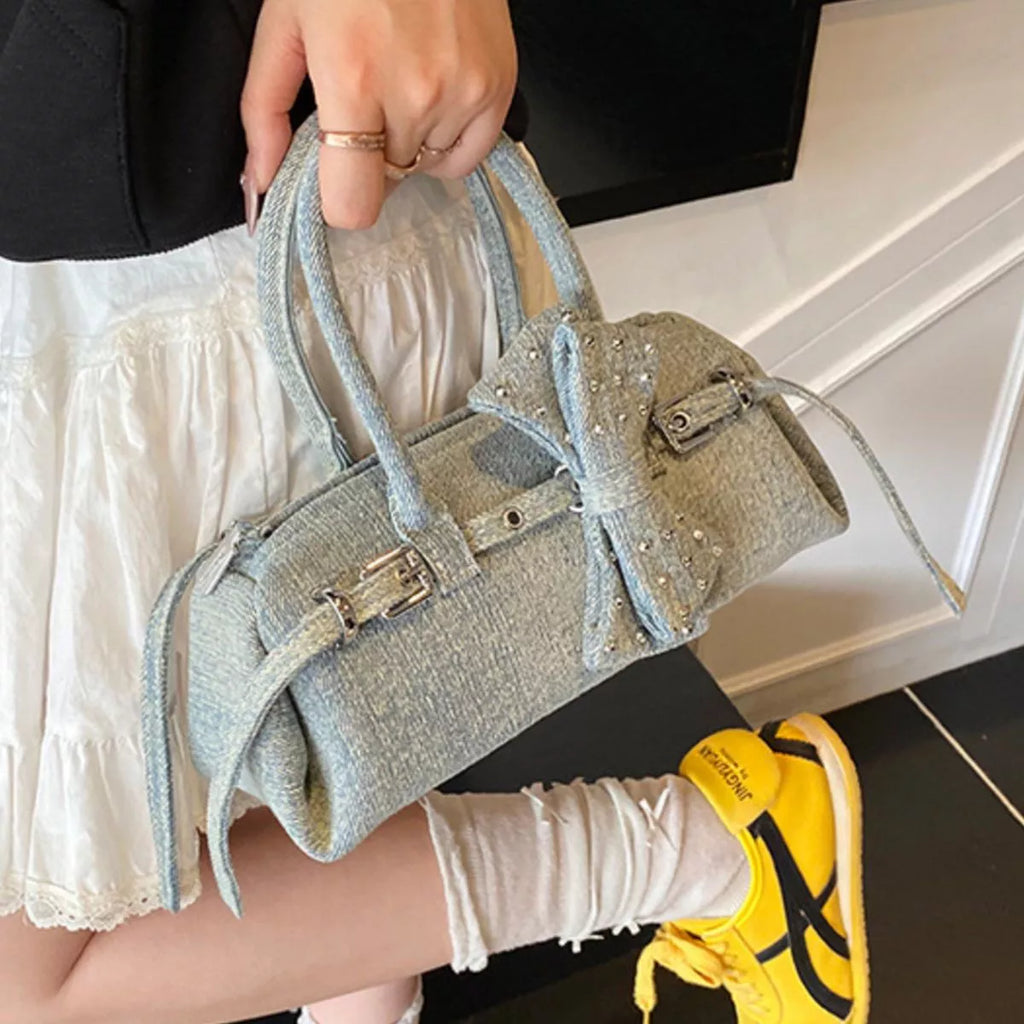 Denim Bow Accent Crossbody Bag