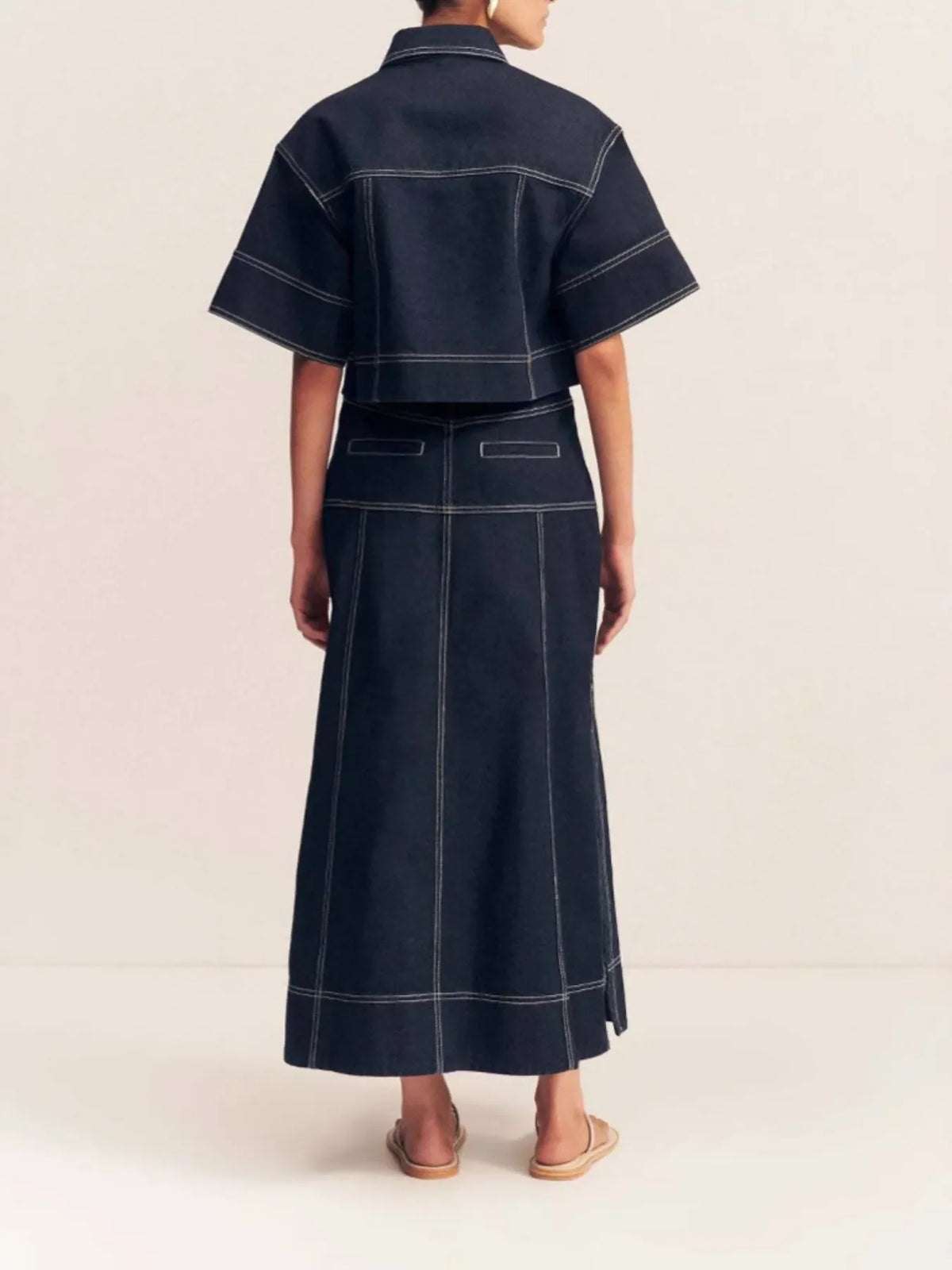 Cropped Short Sleeve Contrast Stitch Denim Top