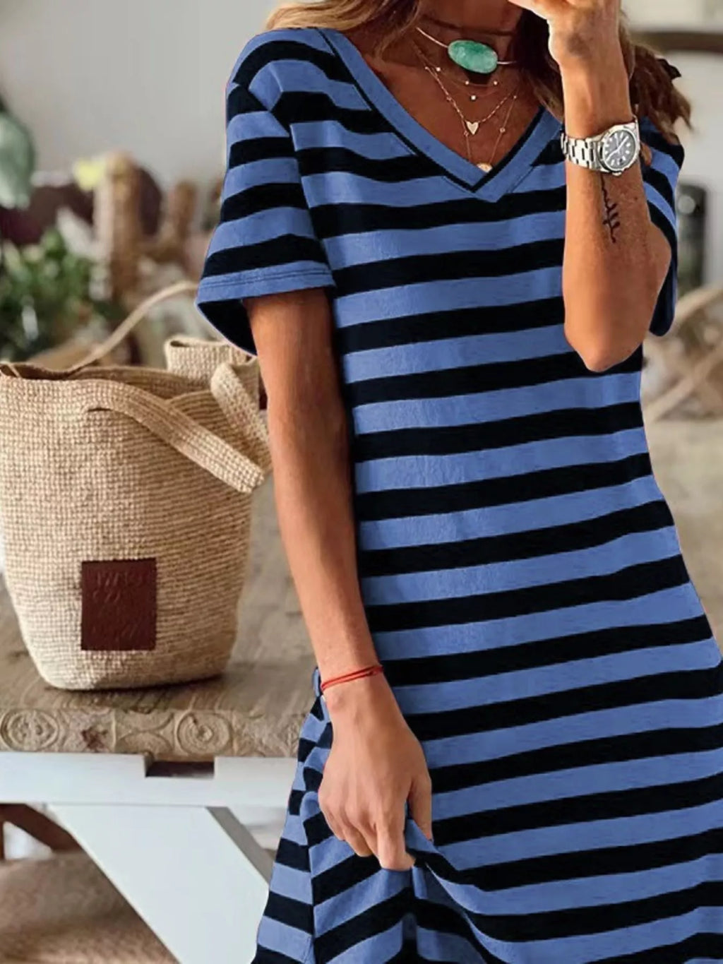 Full Size Striped V-Neck Midi Dress with Side Slit Plus Size