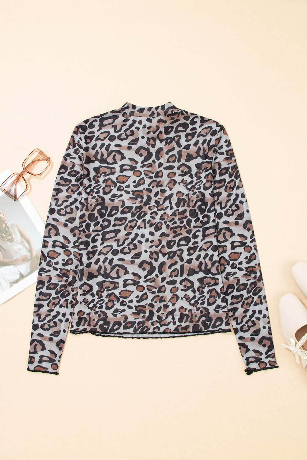 Brown Leopard Mock Neck Mesh Long Sleeve Top