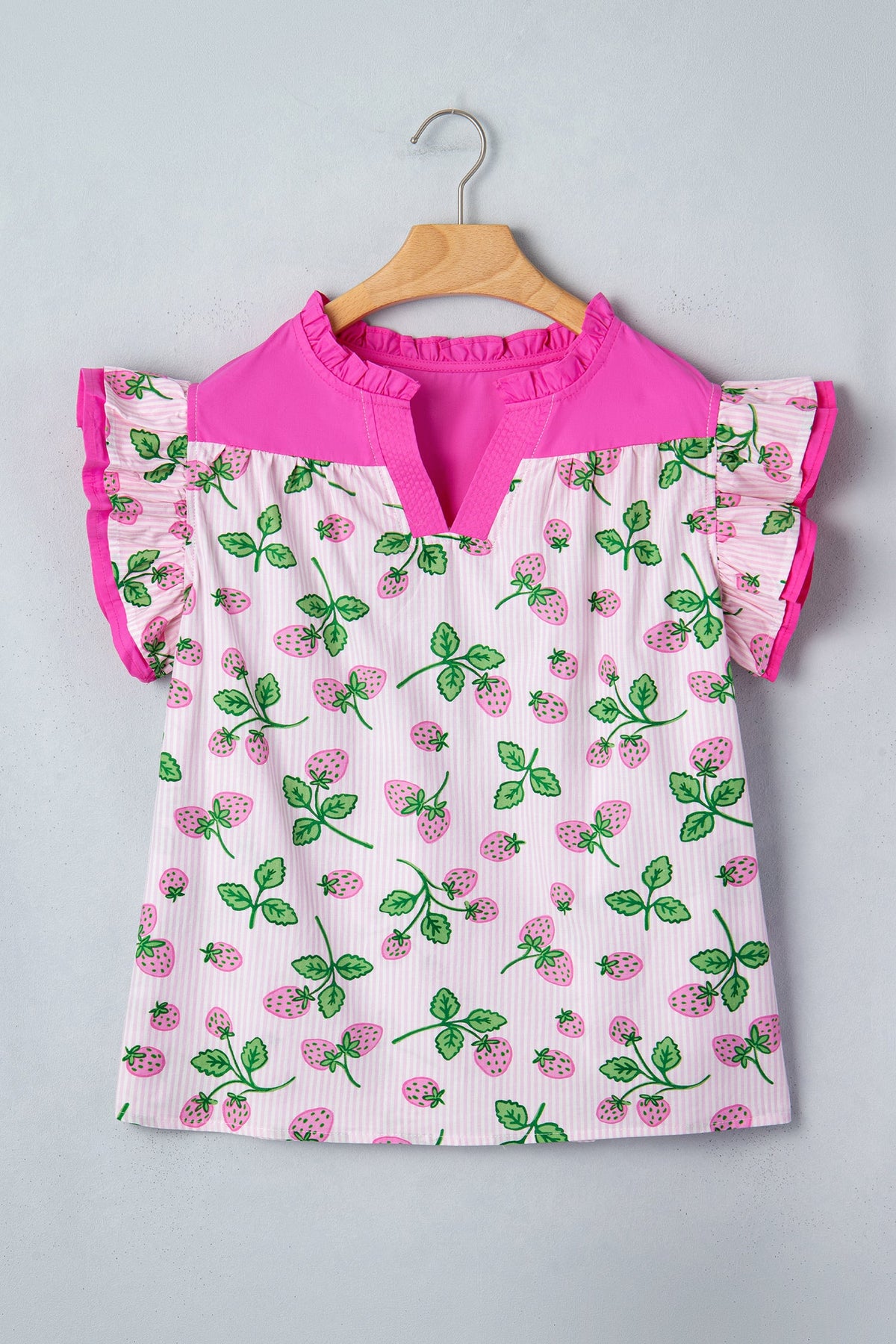 Stripe Strawberry Patchwork Flutter Sleeve V-Neck Blouse