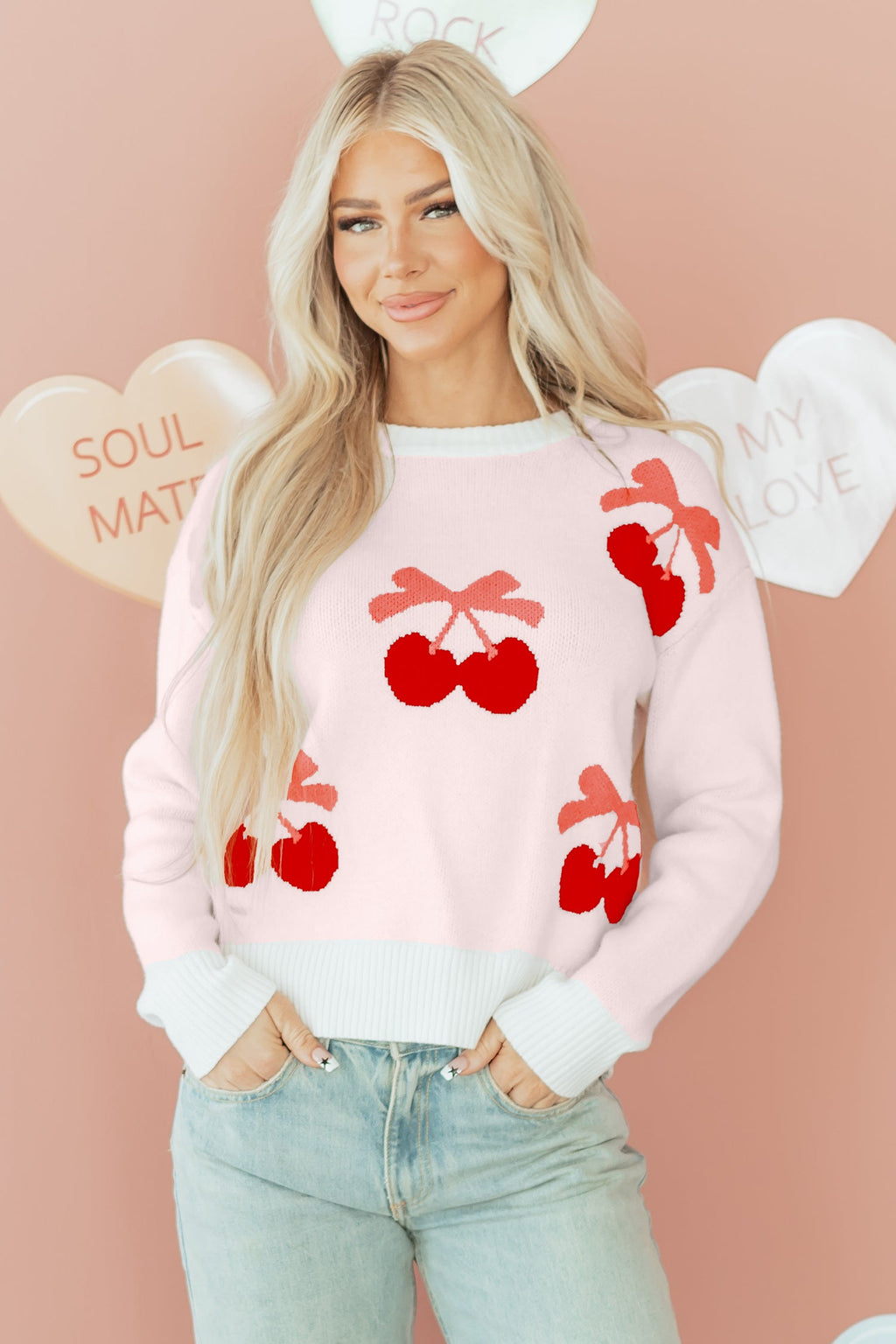 White Cherry Pattern Drop Shoulder Sweater