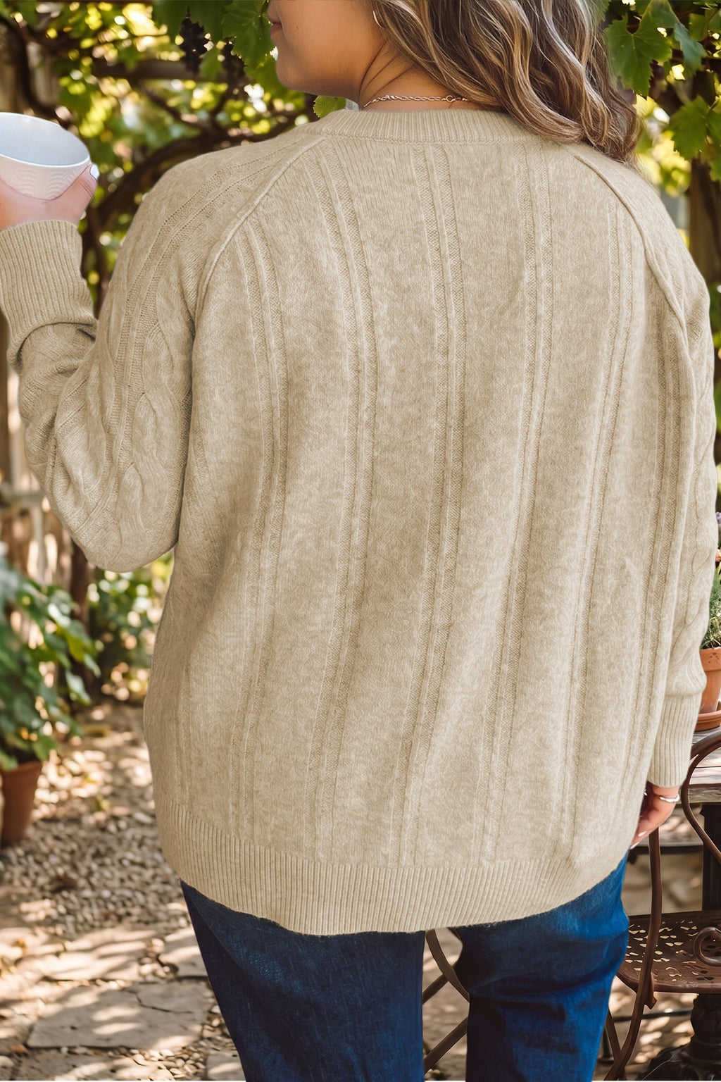 Parchment Oversized Cable Knit Long Sleeve Round Neck Tunic Length Plus Size Sweater