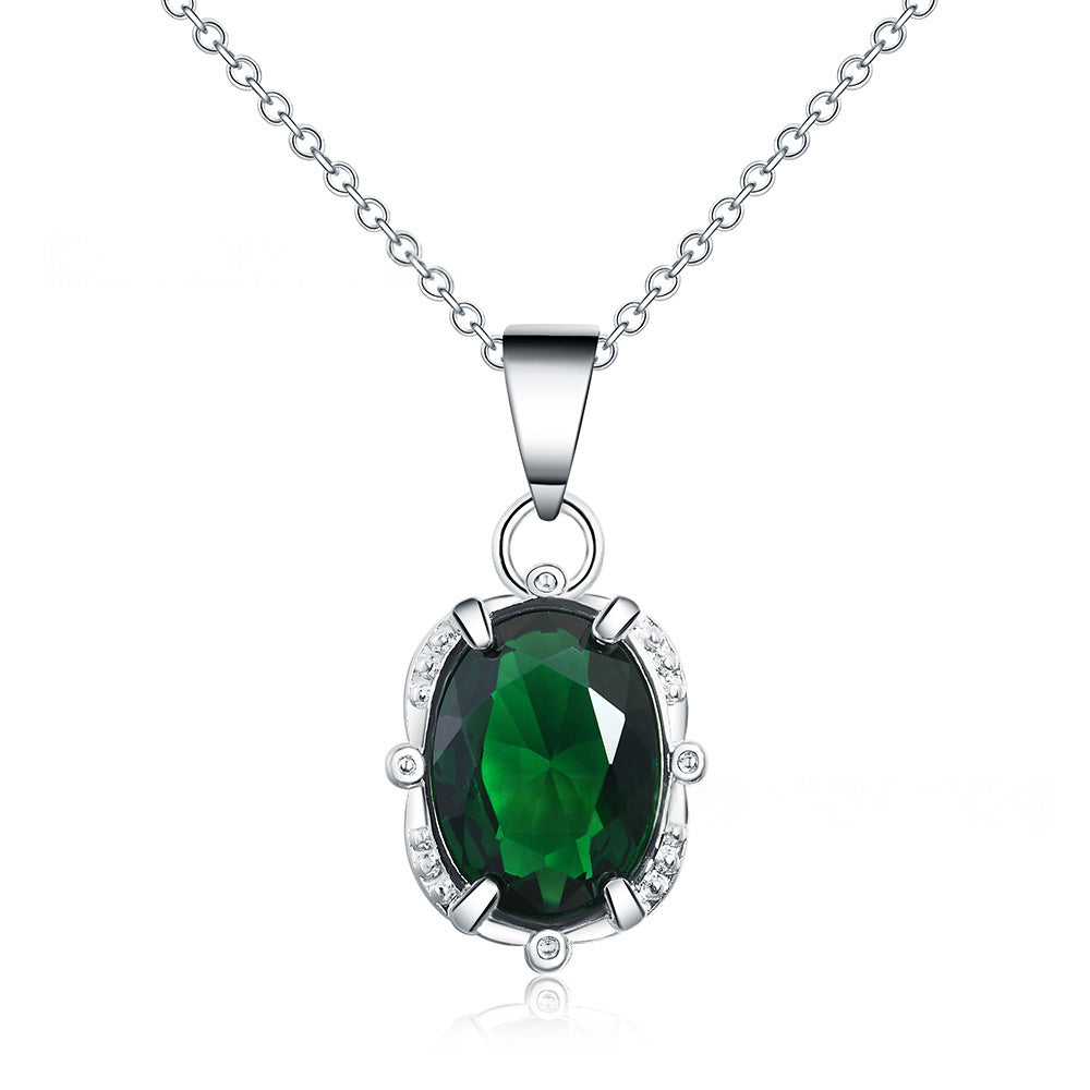 Silver High-end Green Diamond-inlaid Pendant Necklace Fashionable