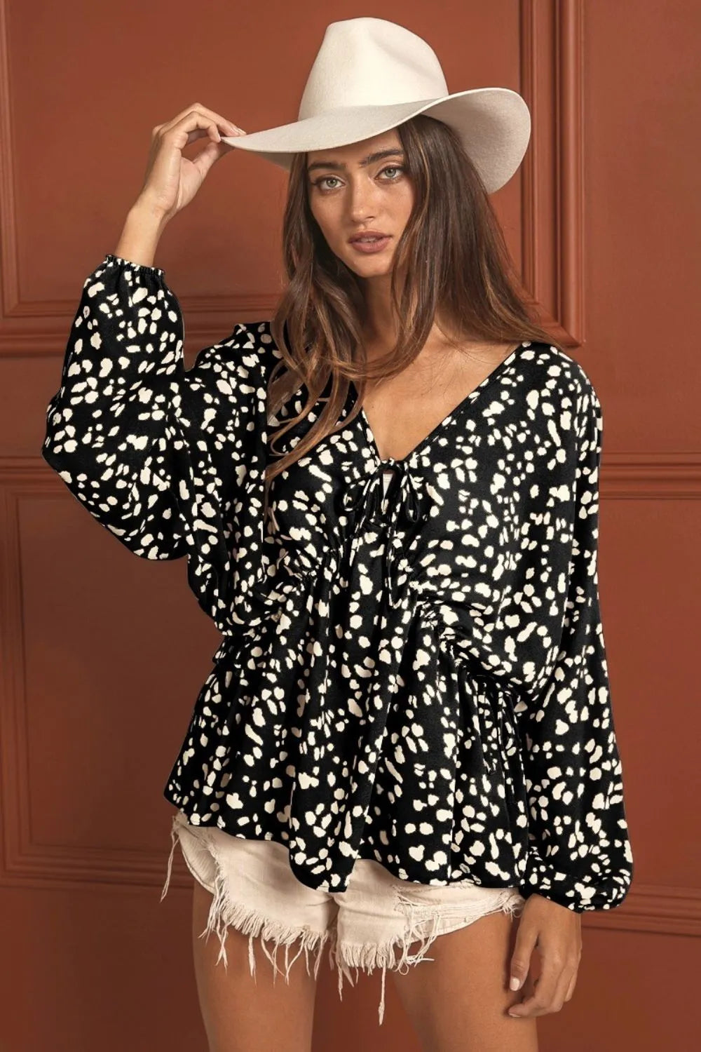 Leopard Print V-Neck Long Sleeve Top with Tie Straps