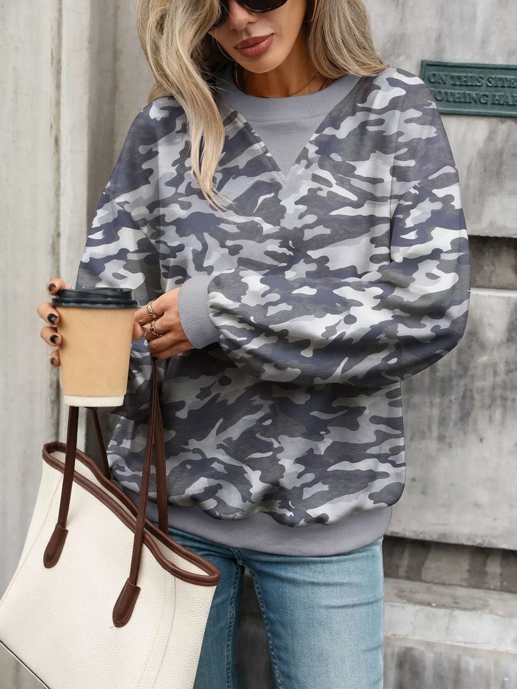 Leaf Print Sweatshirt with Contrasting Trim