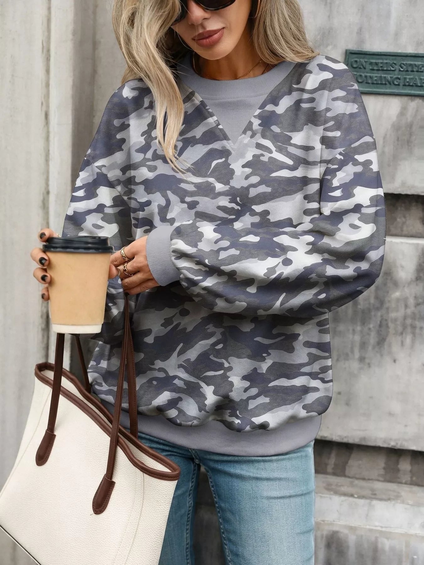 Leaf Print Sweatshirt with Contrasting Trim
