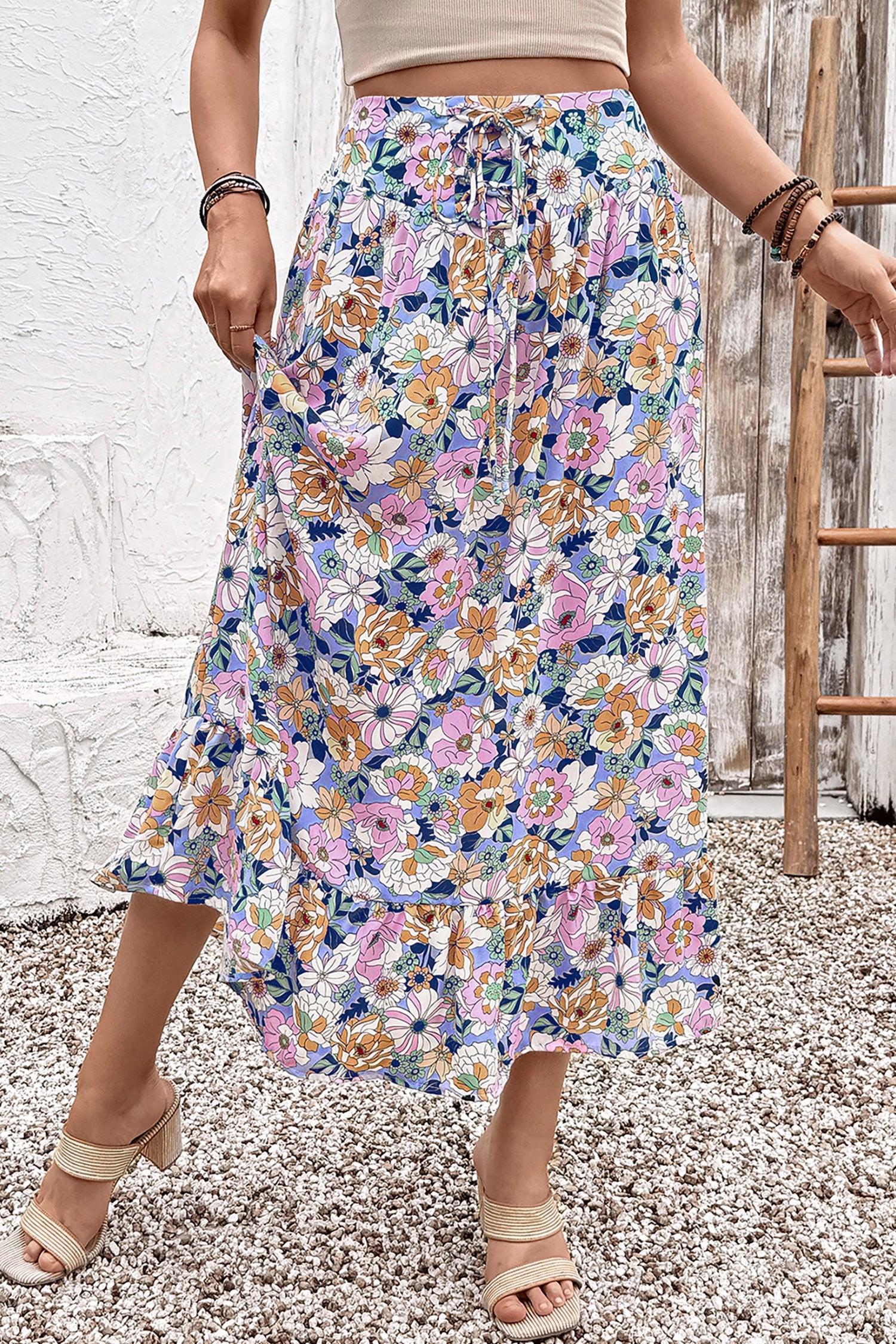 Pink Floral Print Lace-up High Waist Ruffle Hem Maxi Skirt