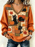 Full Size Cat and Pumpkin V-Neck Sweater Plus Size