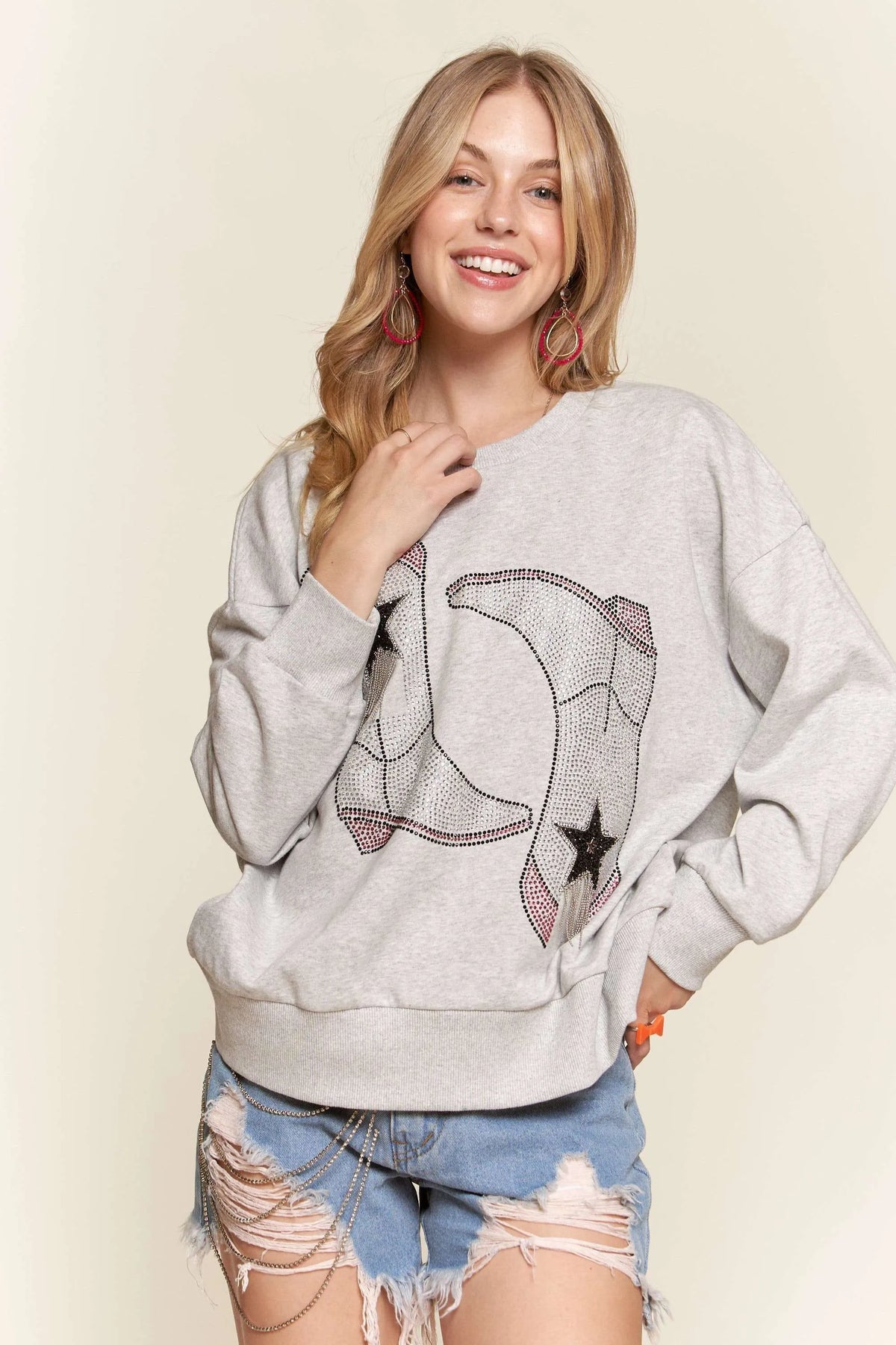 Rhinestone Accent Graphic Crew Neck Sweatshirt