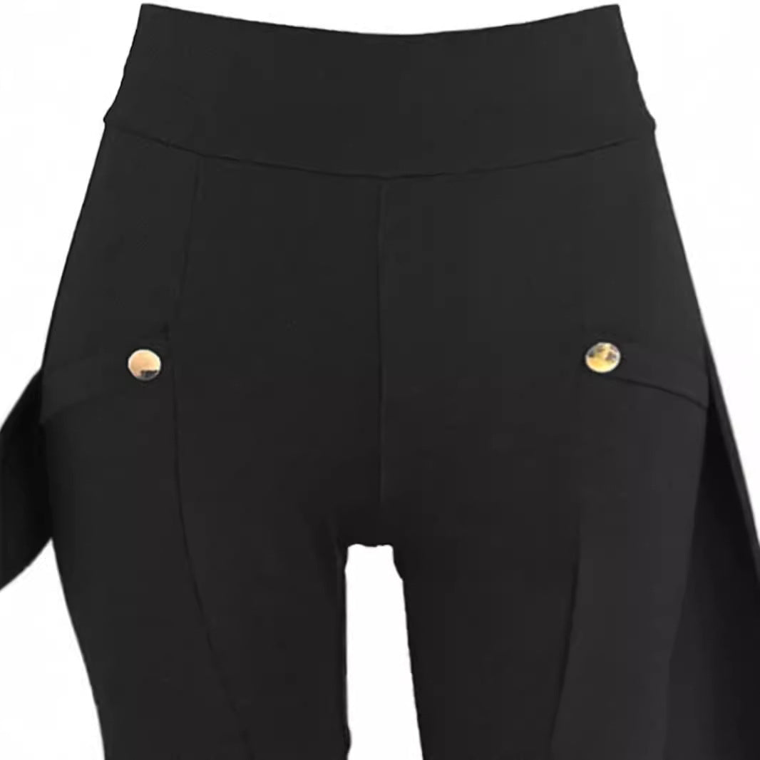 Women High Waist Stretch Cargo Pants Side Button Decor Flared Yoga Pants With Pockets Casual Trousers