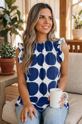 Blue Polka Dot Print Frilled Round Neck Shift Tank Top