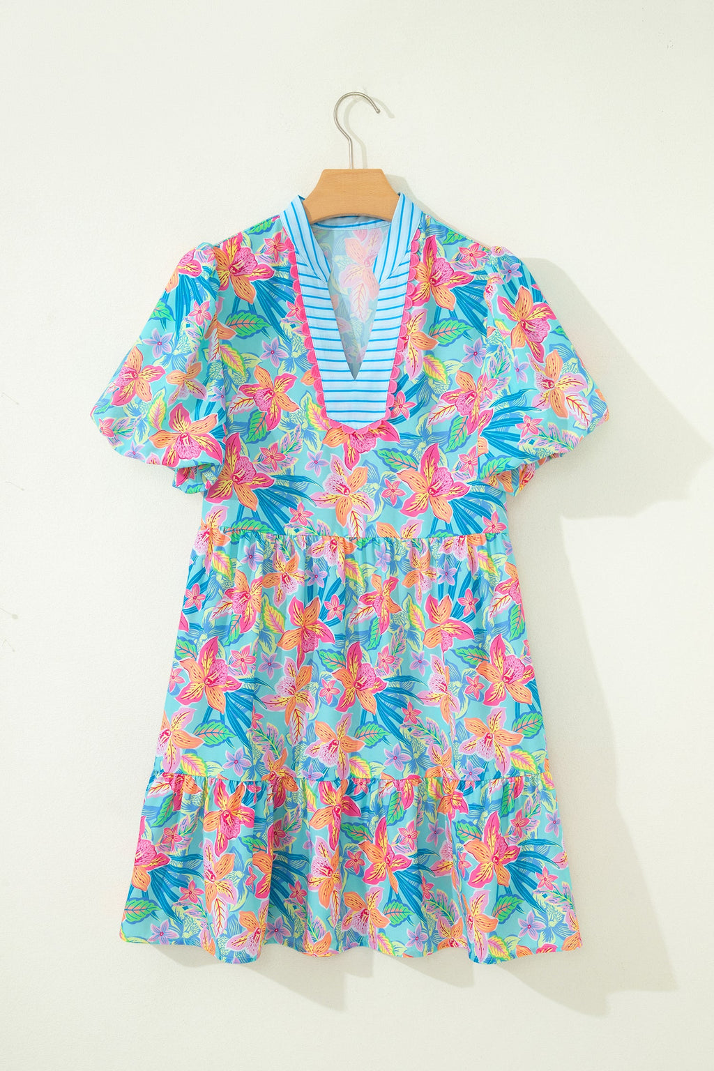 Multicolour Floral Print Contrast Scallop Striped Trim V Neck Dress