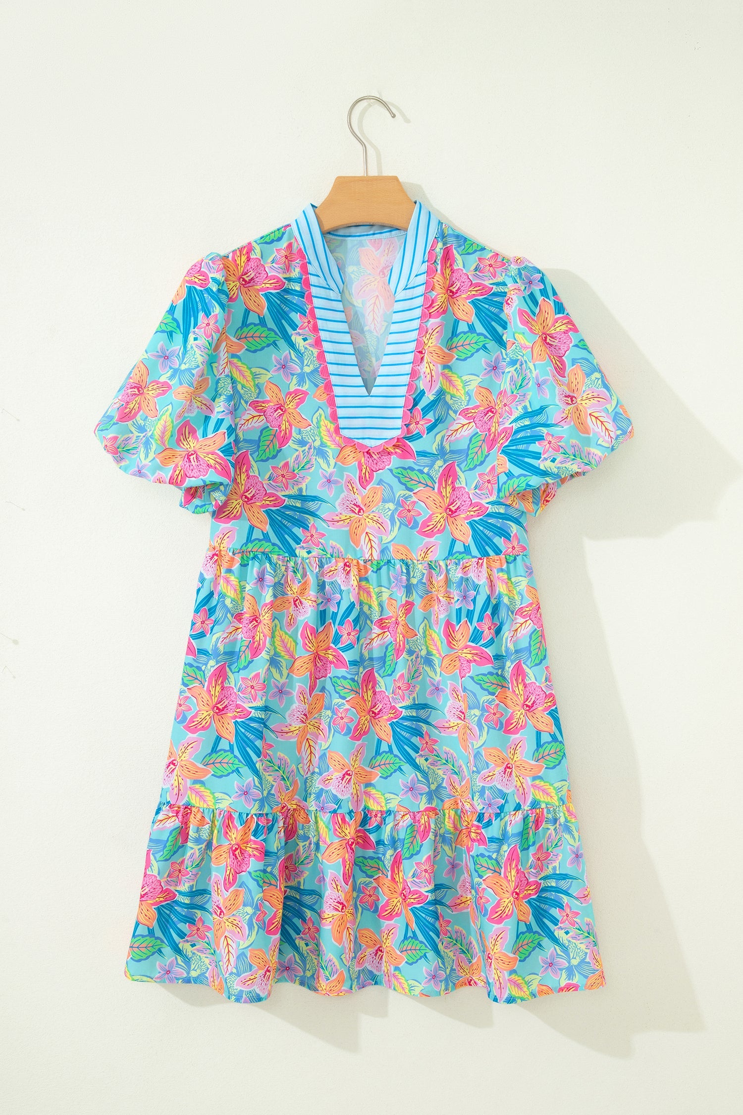 Multicolour Floral Print Contrast Scallop Striped Trim V Neck Dress