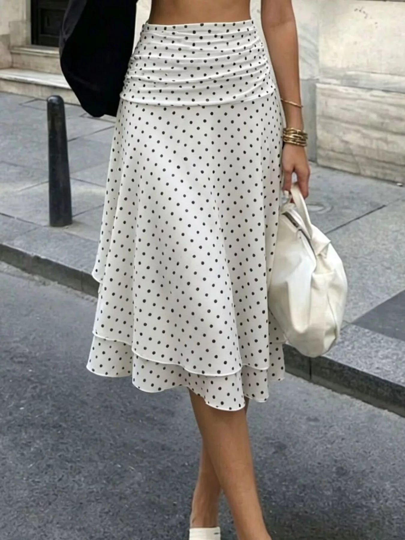 Polka Dot Ruched Waist Midi Skirt