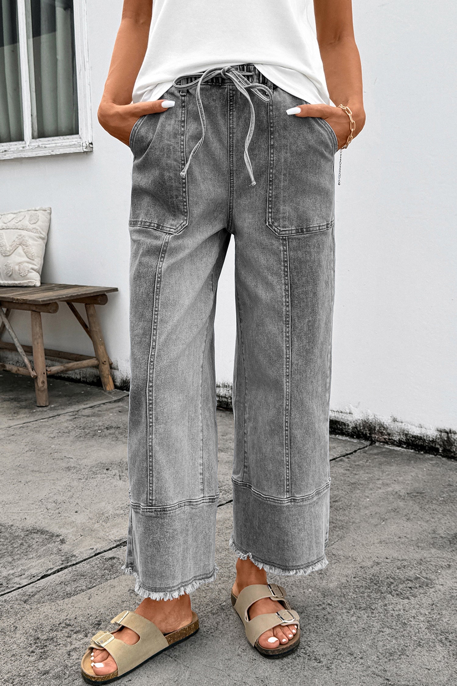 Gray Drawstring Seam Detail Raw Hem Wide Leg Denim Pants