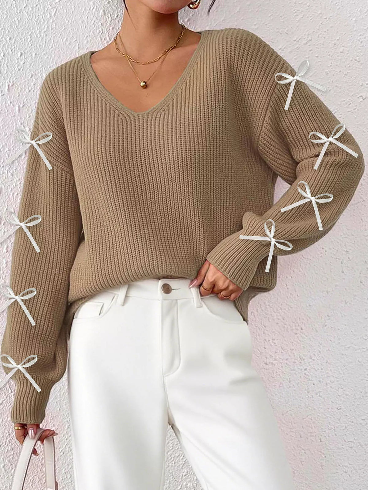 Bow-Tie Sleeve V-Neck Sweater