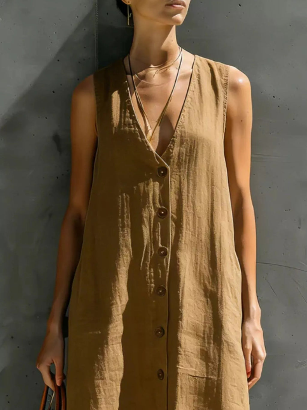 Full Size Sleeveless V-Neck Button-Down Linen Maxi Dress Plus Size