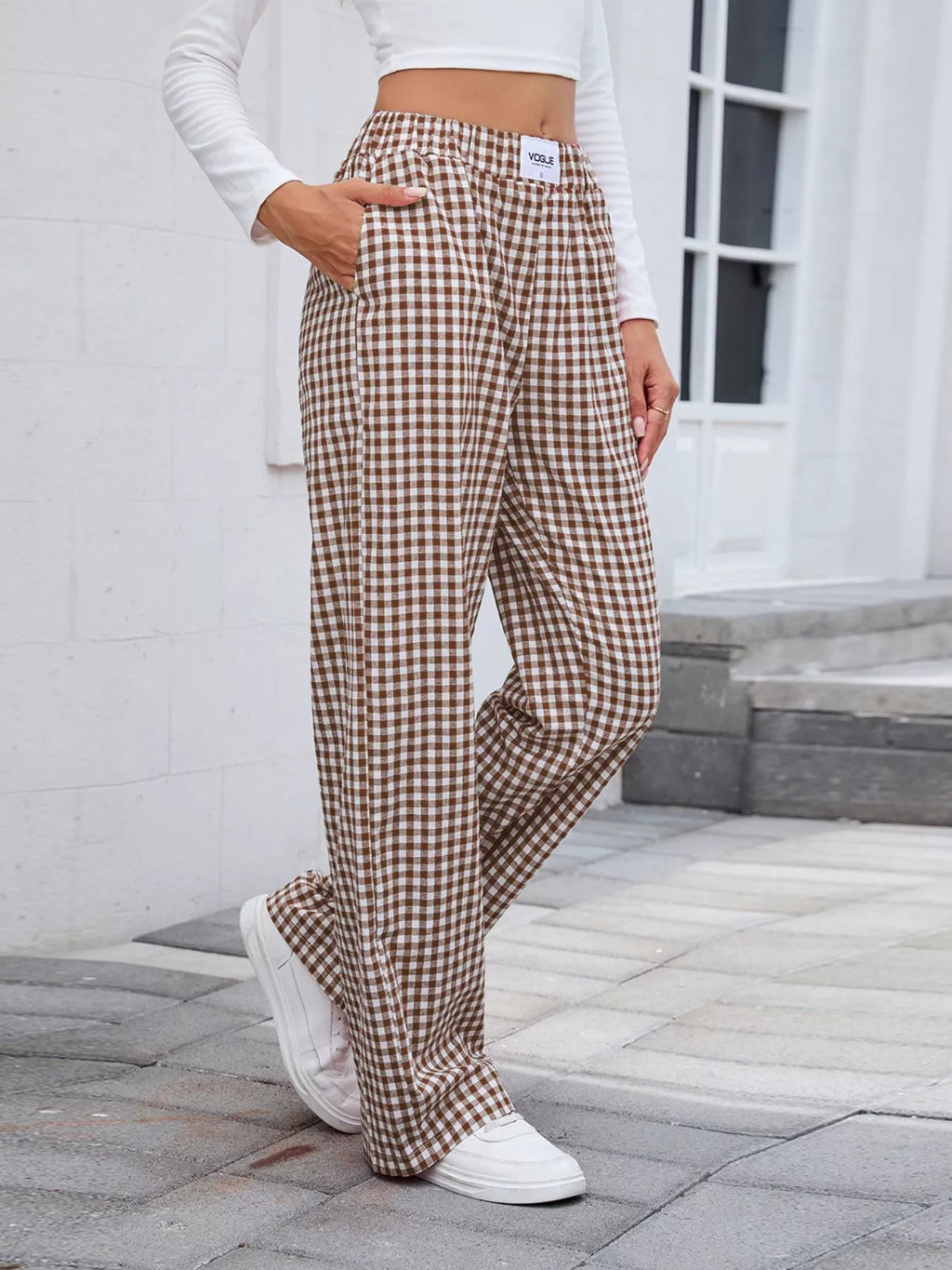 Plaid Wide-Leg Cotton Pants with Side Pockets