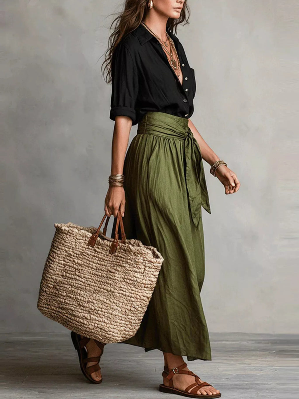 Button-Down Shirt and High-Waisted Tie-Front Maxi Skirt Set