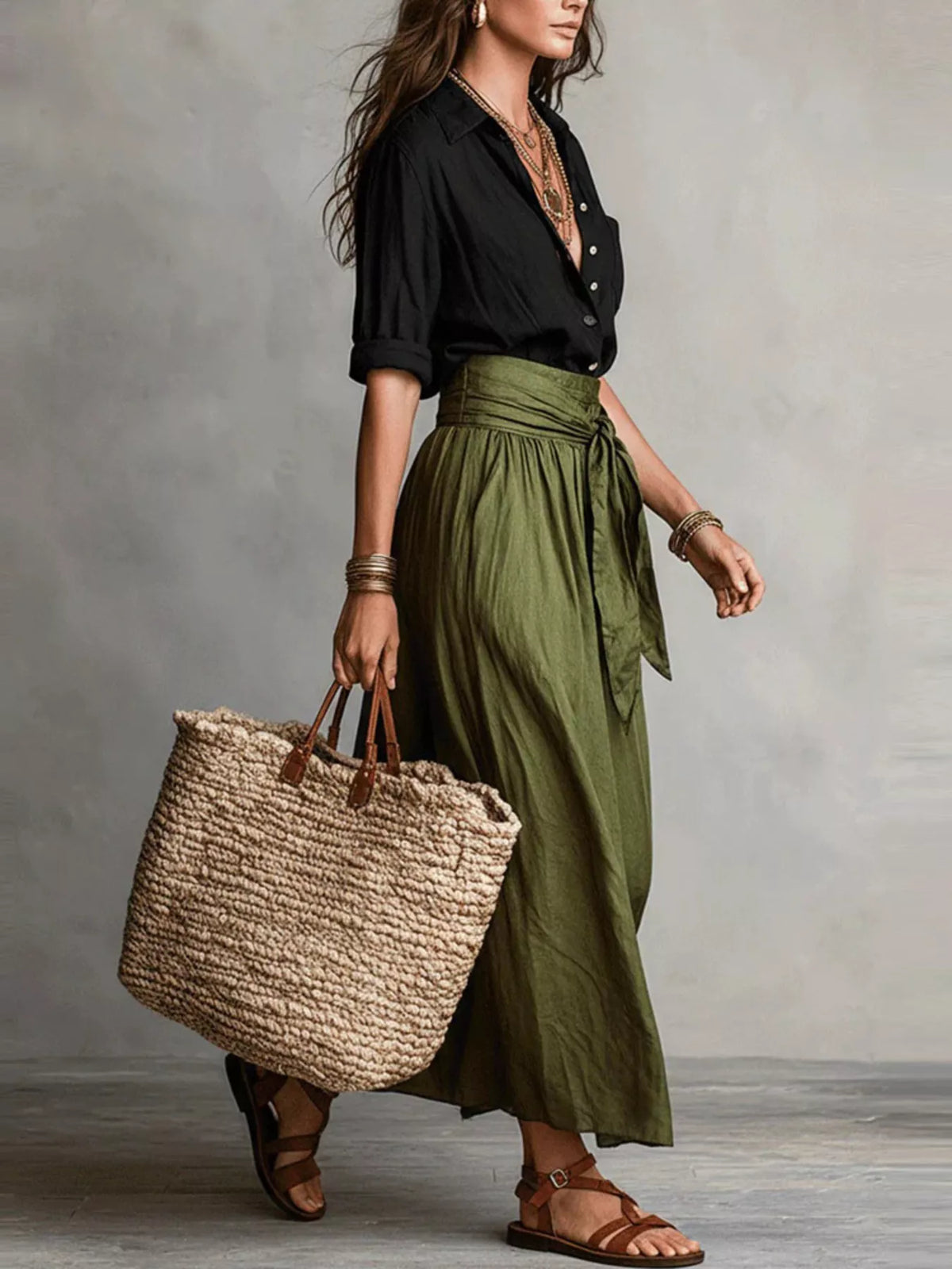 Button-Down Shirt and High-Waisted Tie-Front Maxi Skirt Set