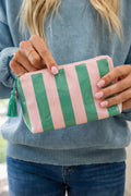 Dark Green Striped Vinyl Waterproof Tassel Zipper Makeup Bag