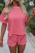 Rose Stripe Side Split Knit Tee Drawstring Shorts Set