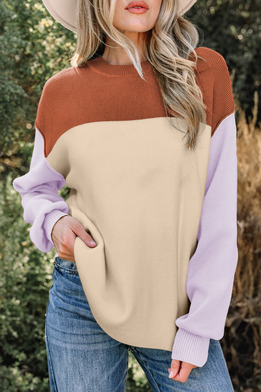 Colorblock Ribbed Knit Long Sleeve Sweater