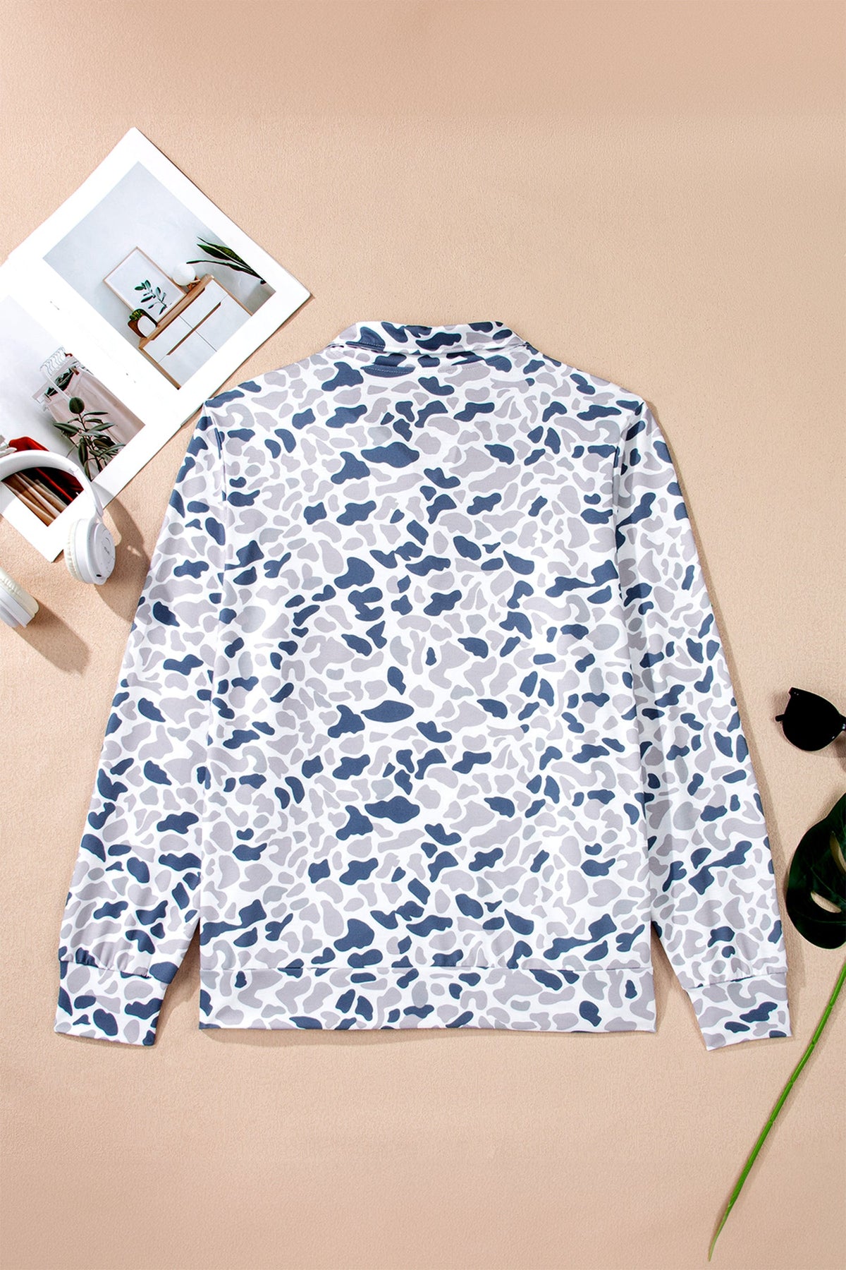 Plus Size Camo Quarter Zip Kangaroo Pocket Sweatshirt