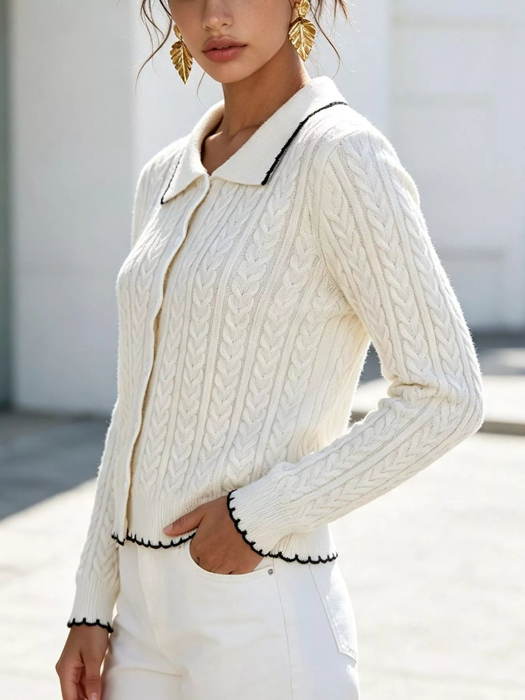 Cable Knit Polo Collar Button-Up Cardigan