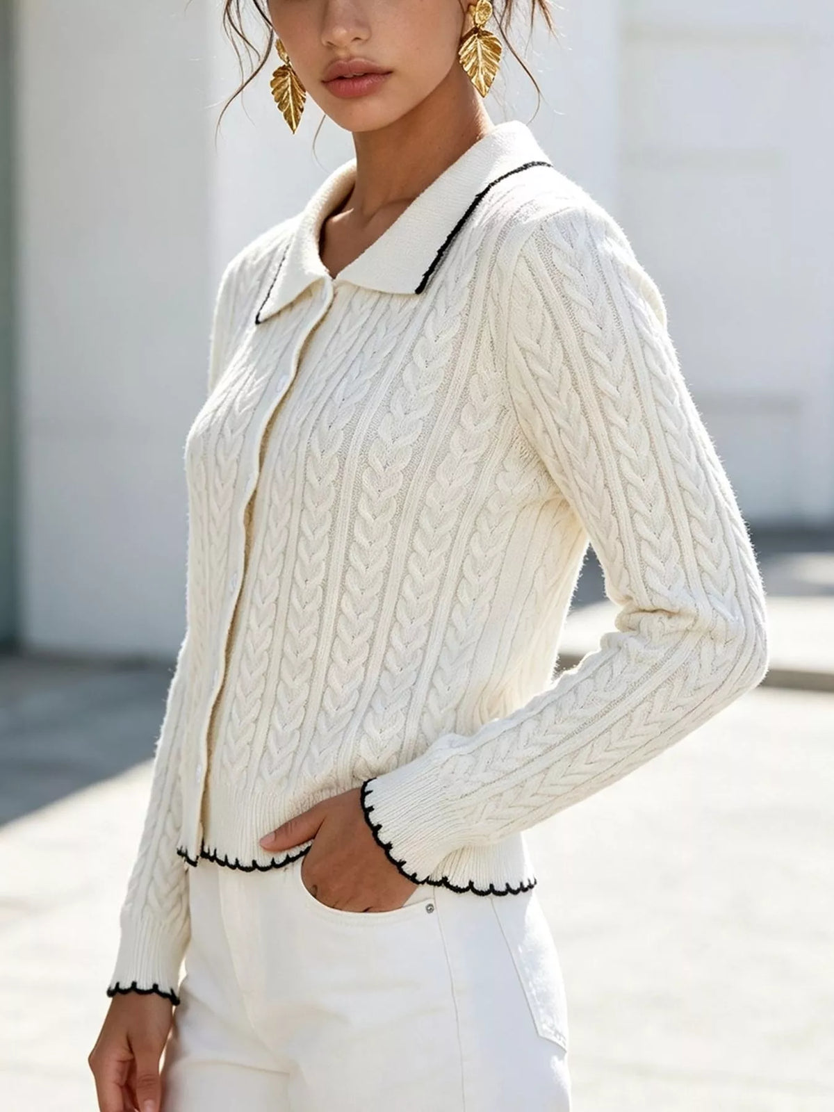 Cable Knit Polo Collar Button-Up Cardigan