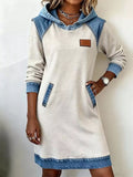 Full Size Denim Patchwork Hooded Sweatshirt Dress Plus Size