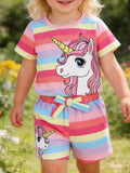 Children's Rainbow Striped Unicorn T-Shirt and Shorts Set