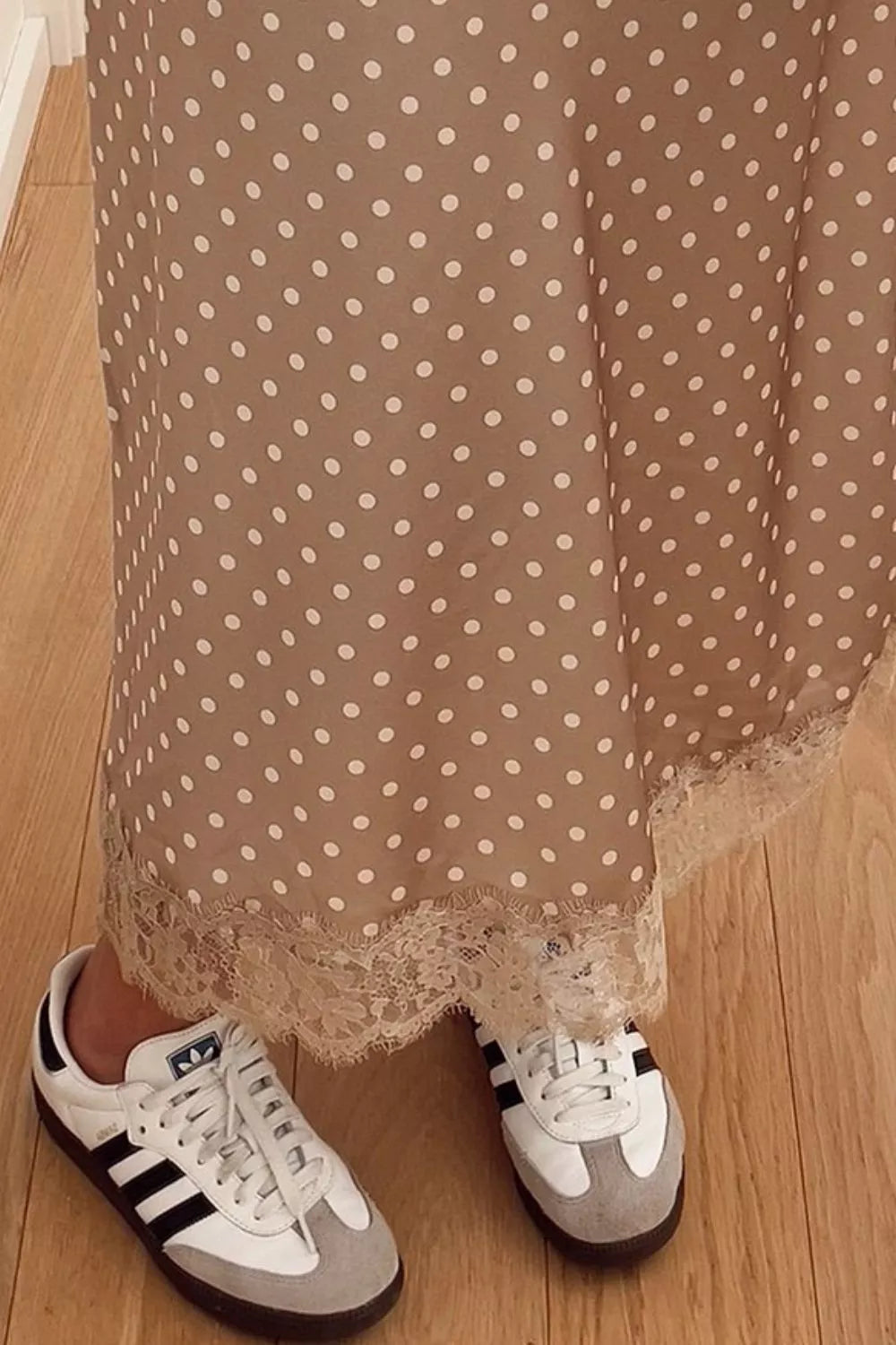 Polka Dot Lace Trim Midi Skirt