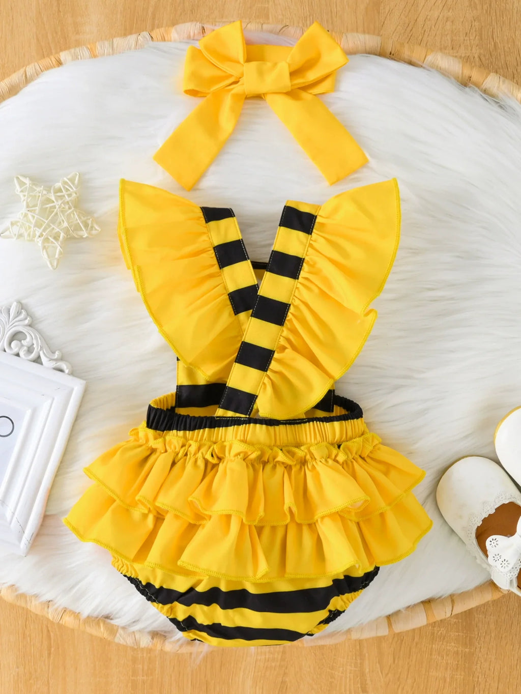 Children's Bee Striped Ruffle Bodysuit Dress with Headband