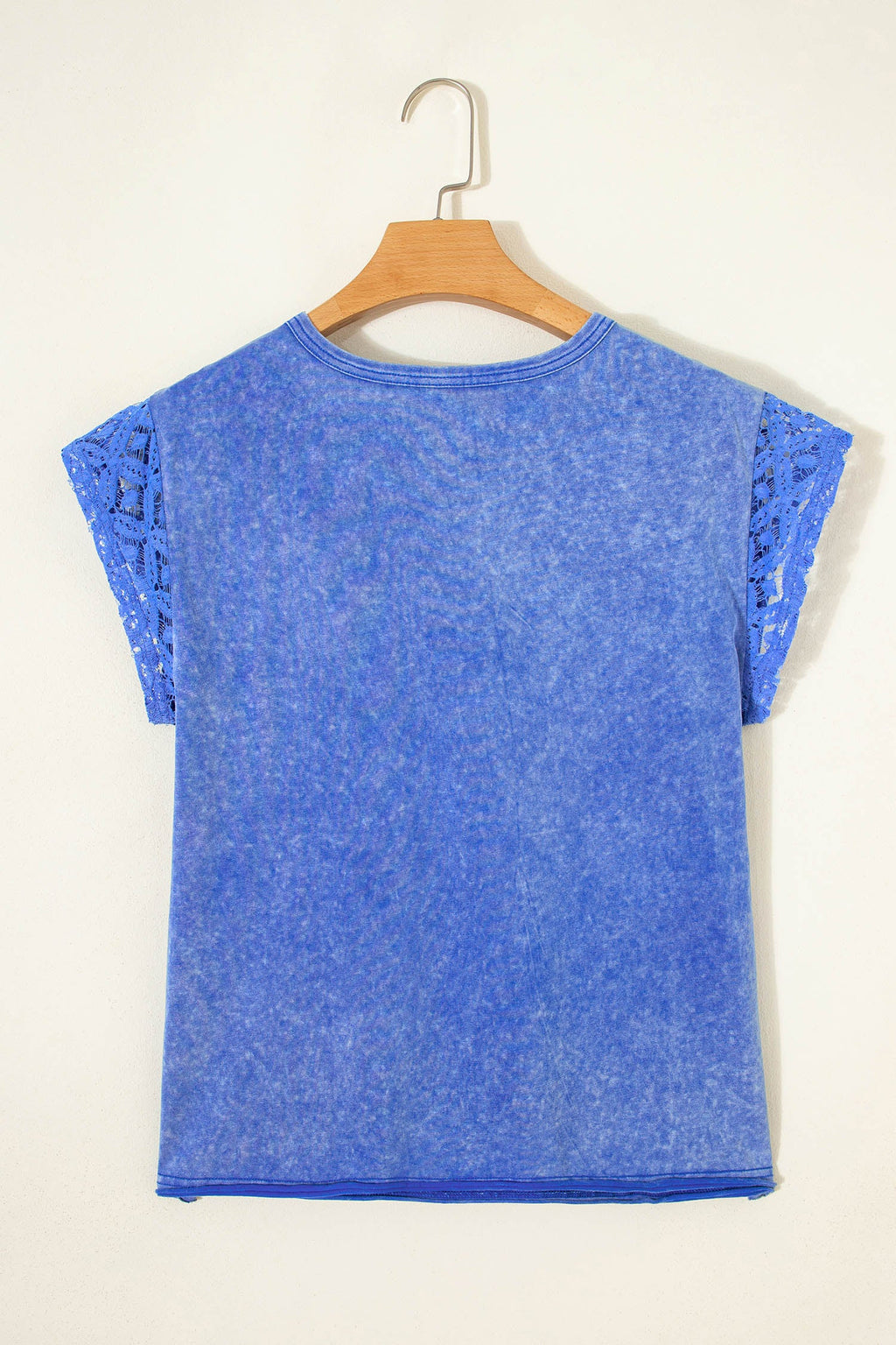 Sky Blue Mineral Wash Raw Seam Lace Sleeve Cotton Tee