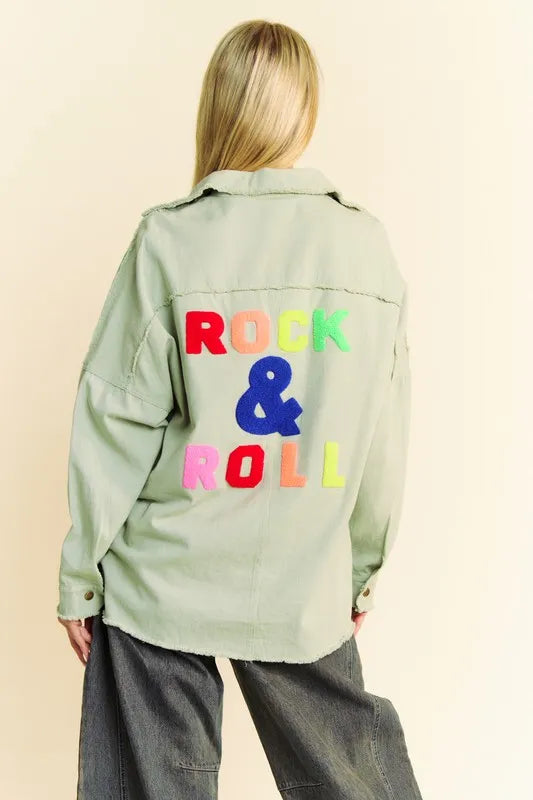 Patchwork Graphic Shacket with Fringed Hem and Loose Fit