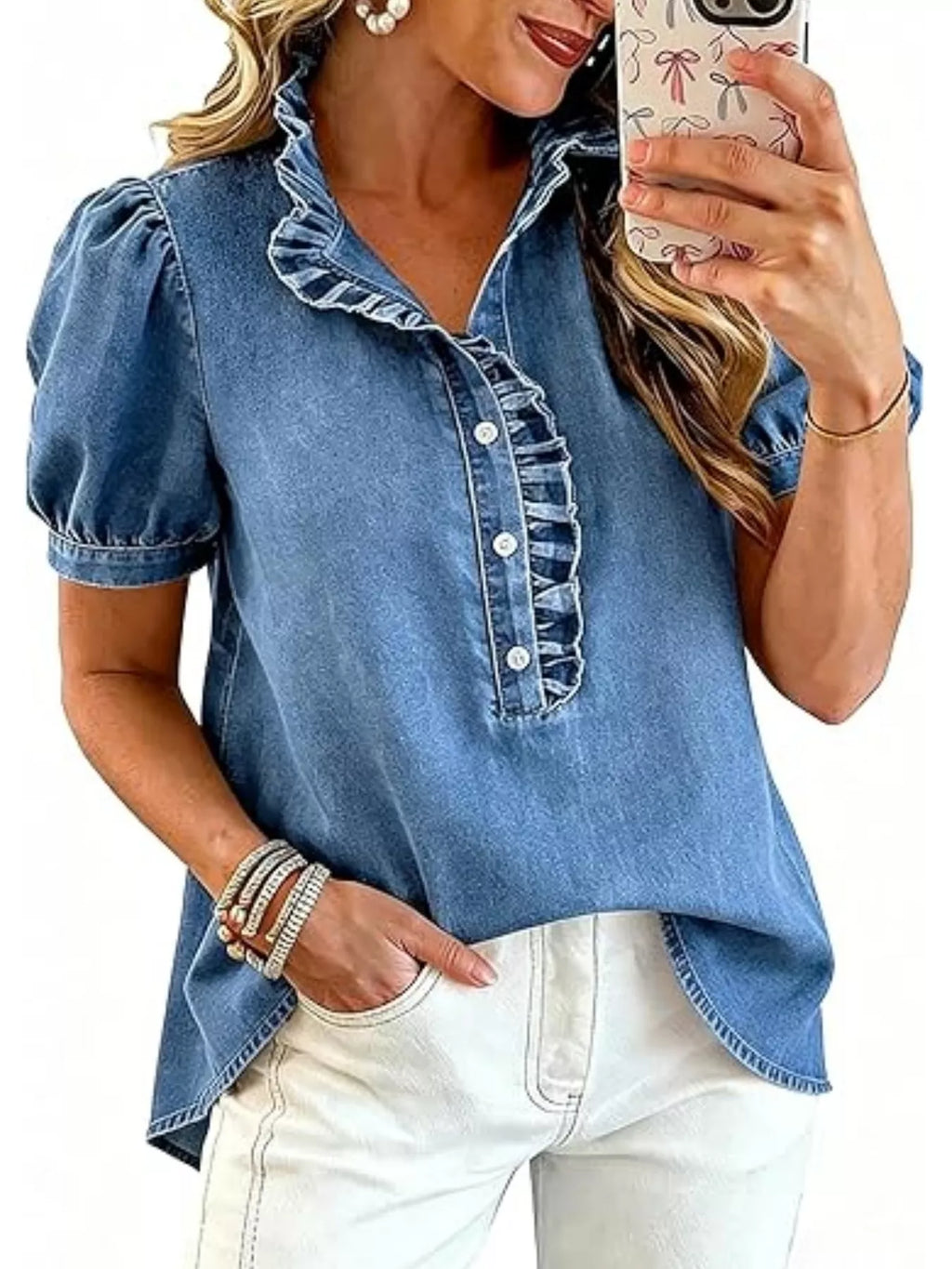 Frill Puff Sleeve Denim Top