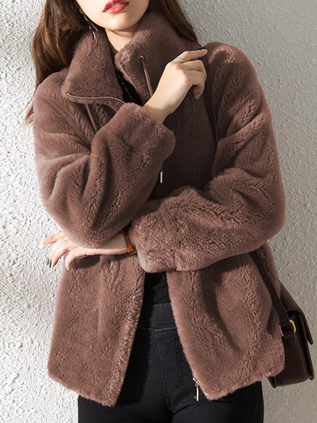 Full Size Drawstring Faux Fur Stand-Collar Zip-Up Outerwear Plus Size