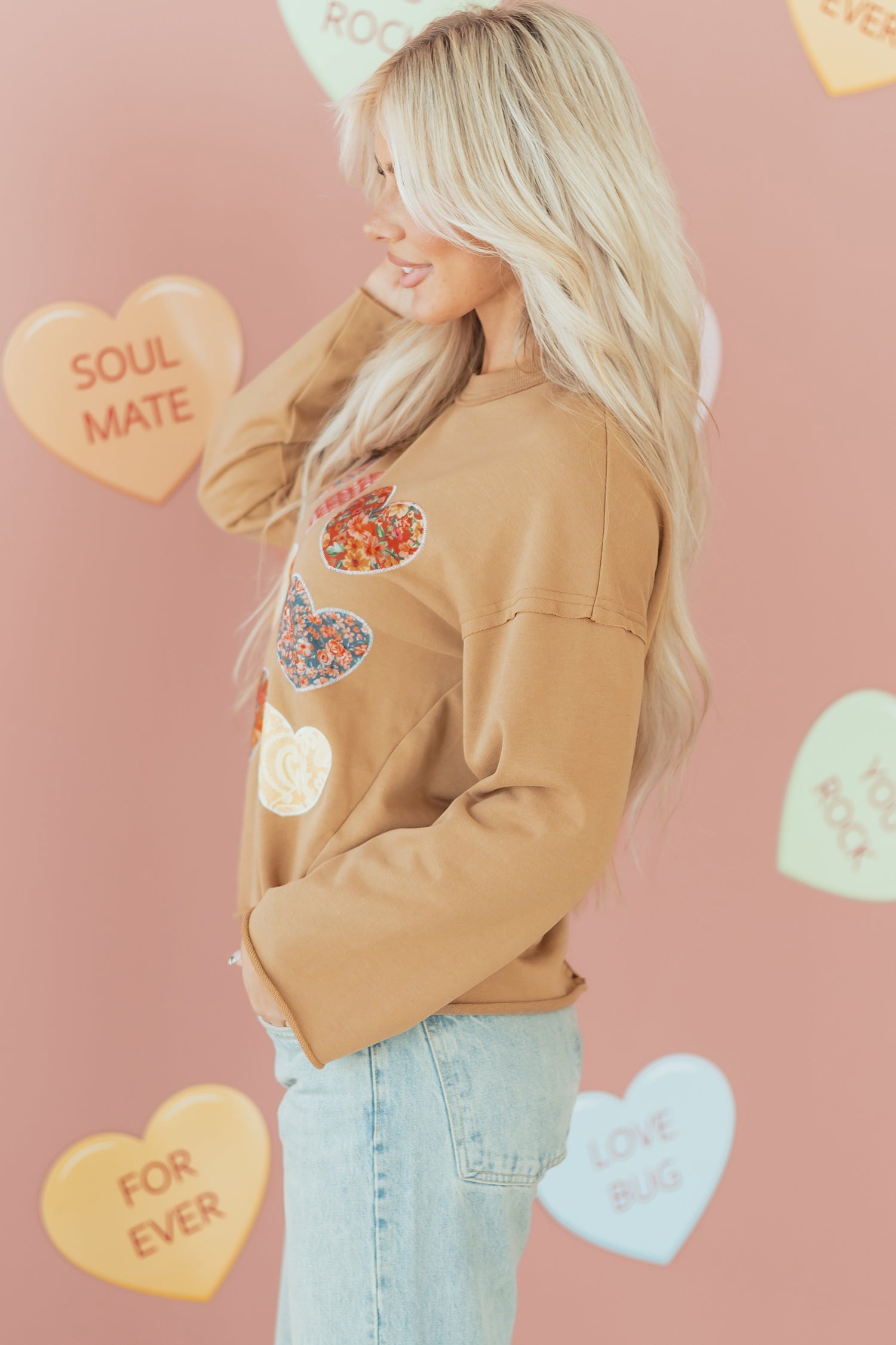 Straw Yellow Plaid Floral Heart Stitched Exposed Seam Mineral Wash Sweatshirt