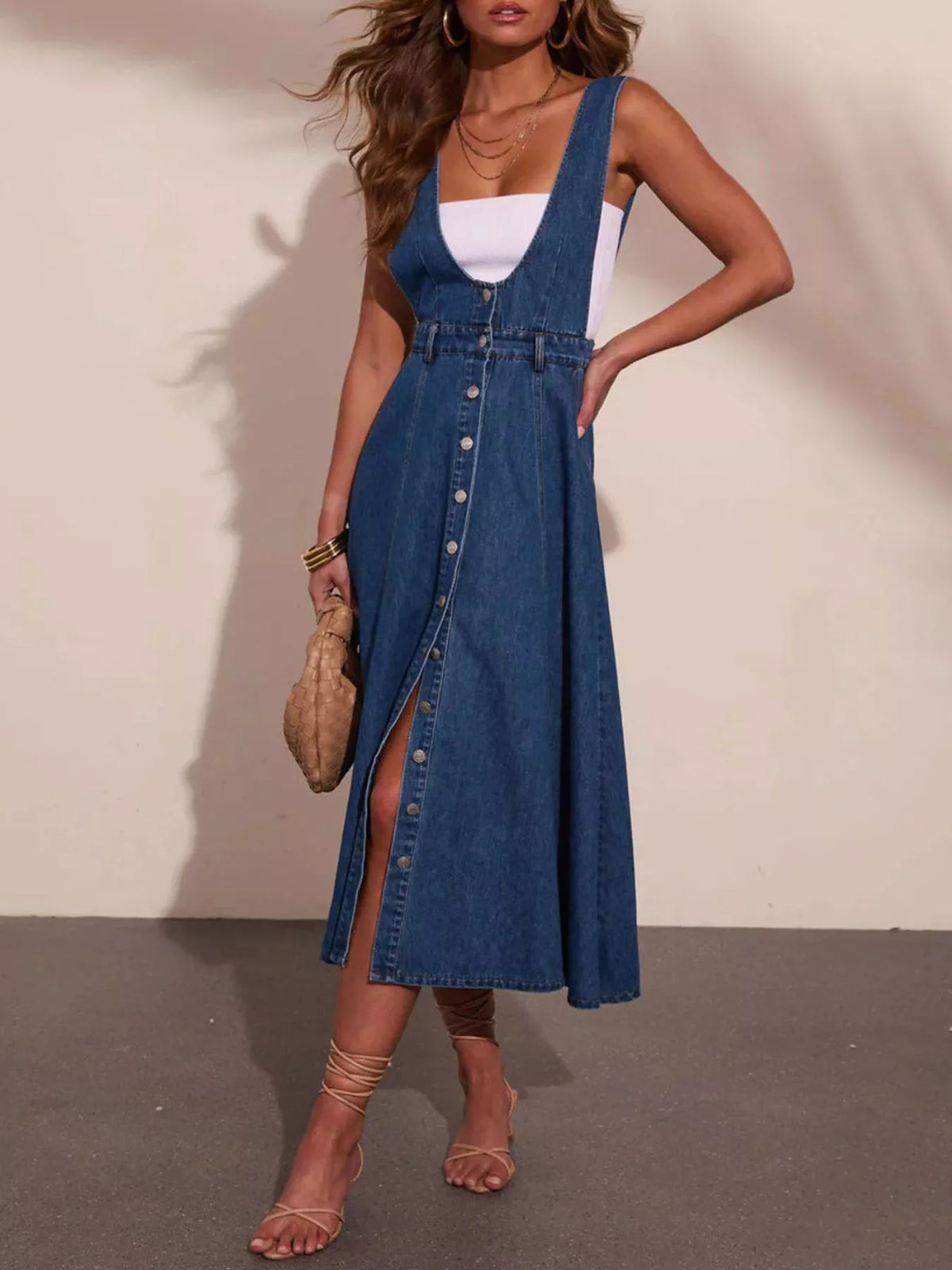 Button Front Denim Overall Midi Dress