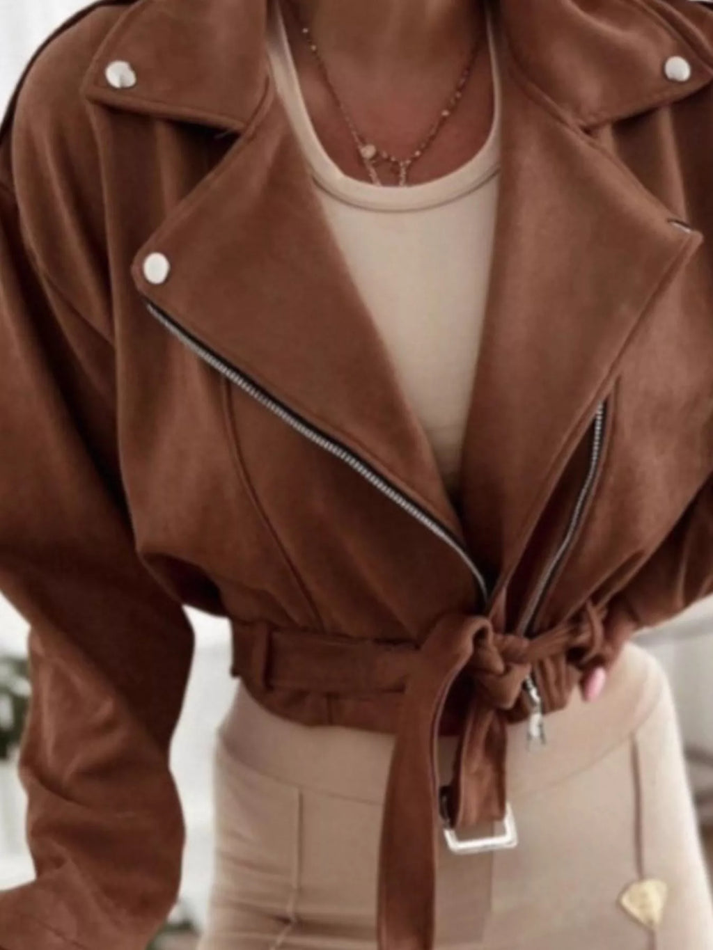 Cropped Biker Jacket with Belt Detail