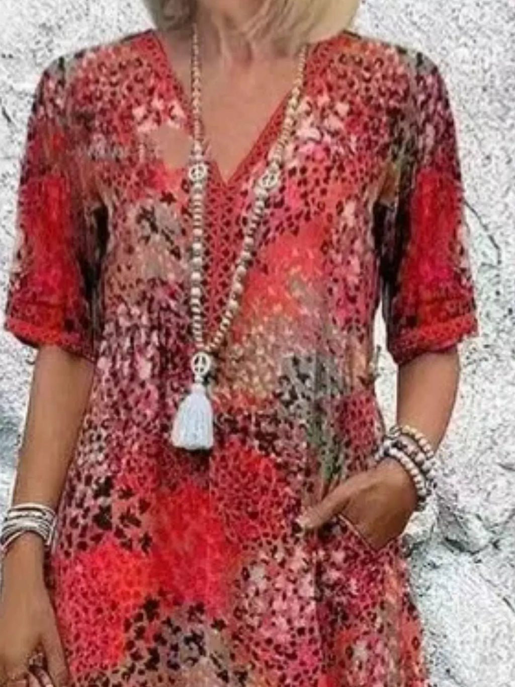 Full Size Printed V-Neck Half Sleeve Dress Plus Size