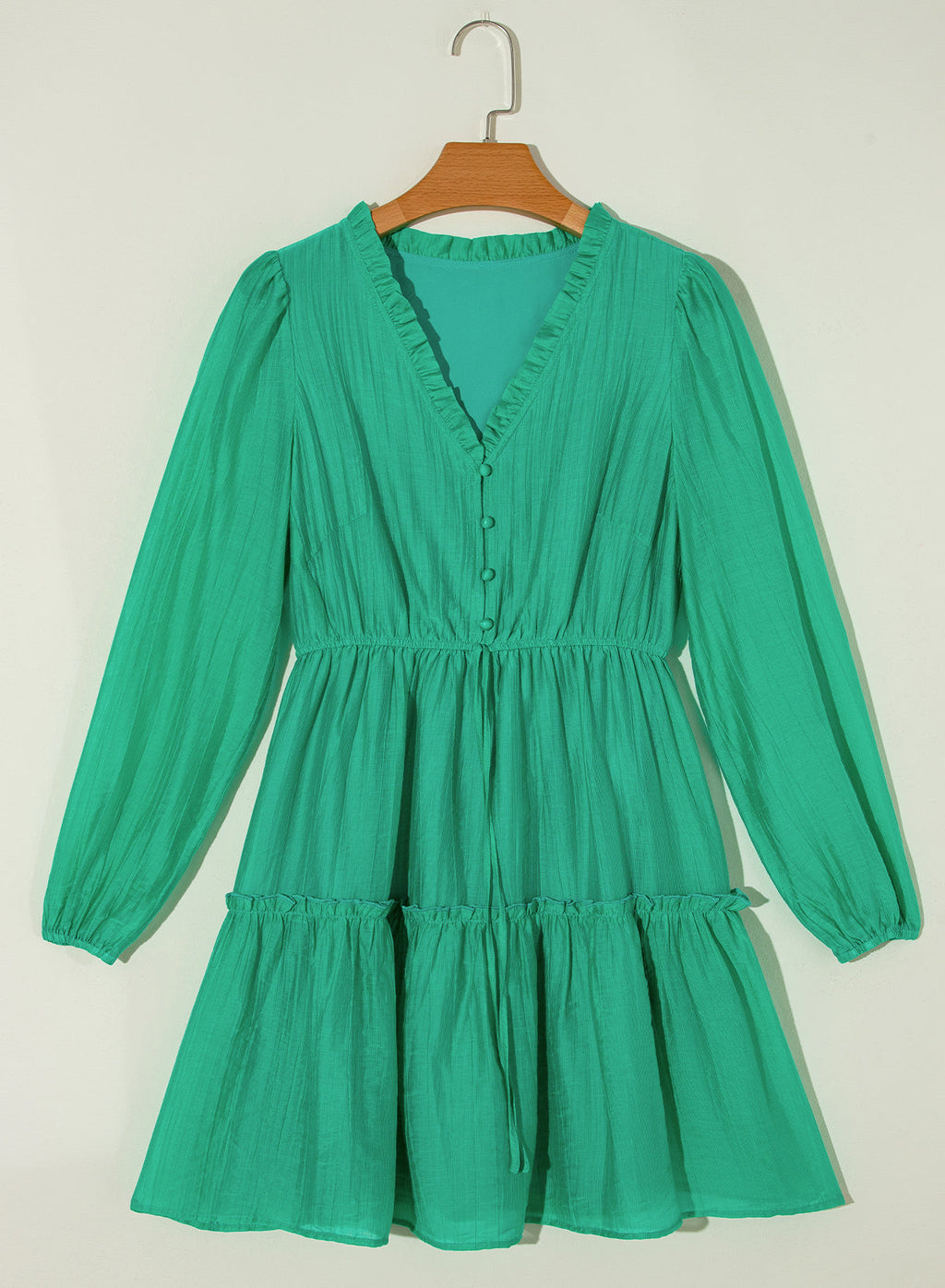 Solid Frilly V-Neck Puff Sleeve Mini Dress