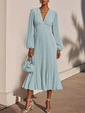 Pleated V-Neck Chiffon Midi Dress