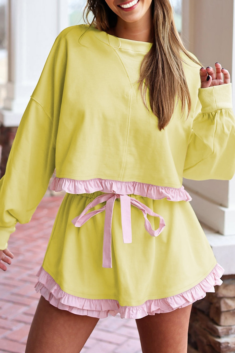 Ruffle Trim Patchwork Pullover and Shorts Set