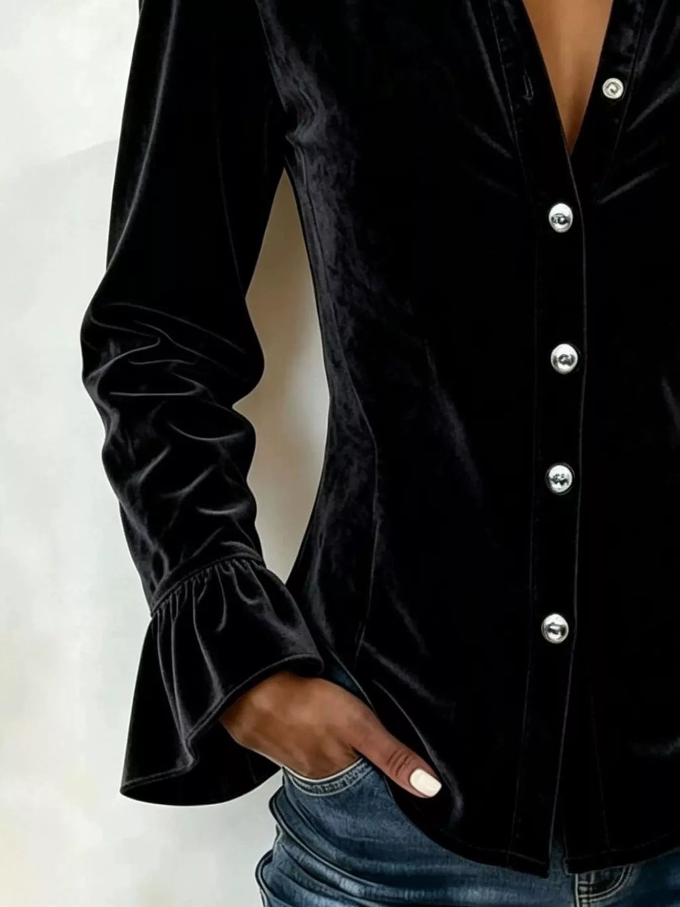 Full Size Velvet Button Up Flare Sleeve Shirt Plus Size